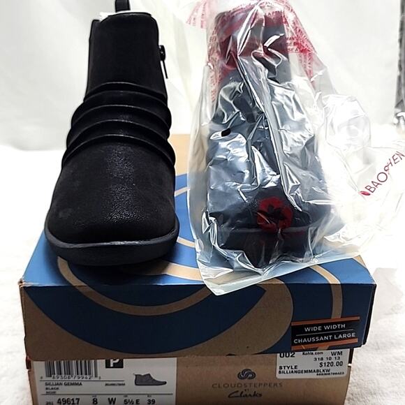 CLARKS CLOUDSTEPPERS●SILLIAN GEMMA BLACK ANKLE BOOTS■LADIES 8 ●WIDE●NWB●CUTE● - Picture 2 of 16